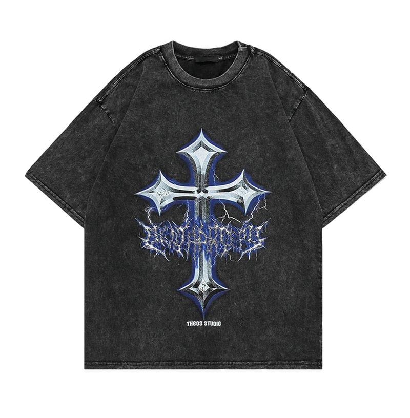 Cross Pattern Vintage Streetwear Men's Oversized T-shirts-VESSFUL