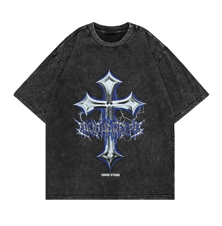 Cross Pattern Vintage Streetwear Men's Oversized T-shirts at Hiphopee