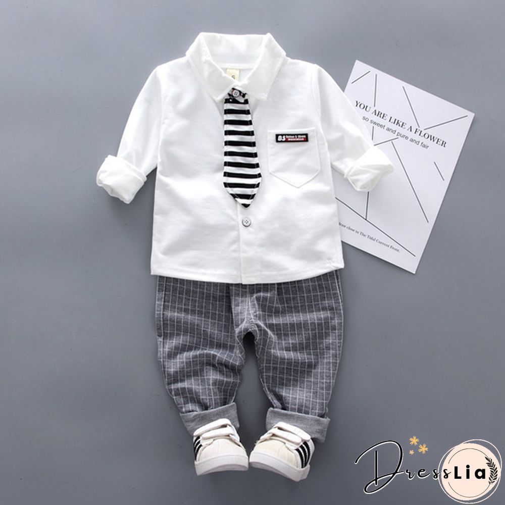2Pcs Boys Autumn Clothing Suit Kids Gentleman Boy Tie Shirt + Pants Toddler Baby Boys Outfits Clothes Set Suitable for 0-4 Years