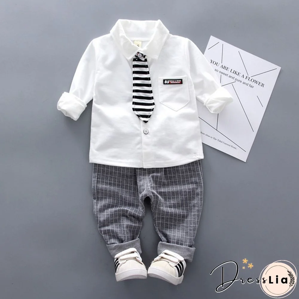 2Pcs Boys Autumn Clothing Suit Kids Gentleman Boy Tie Shirt + Pants Toddler Baby Boys Outfits Clothes Set Suitable for 0-4 Years