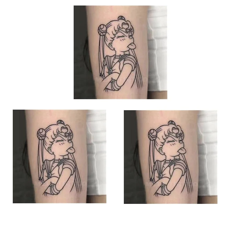 Cartoon Girl Waterproof Temporary Tattoo Sticker Female Black White Beautiful Girl Flower Arm Cat Art Fake Tattoo Fashion Tattoo