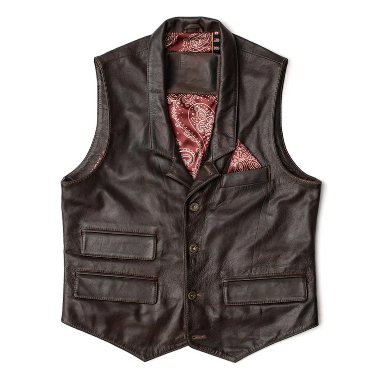 Men's Vintage Classic Leather Gunner Lapel Button Down Vest