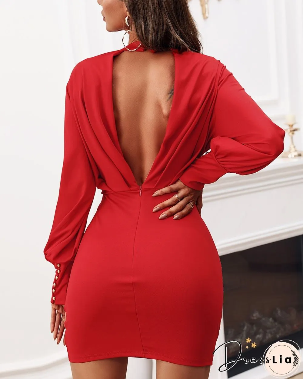 Solid Lantern Sleeve Ruched Bodycon Dress P15166