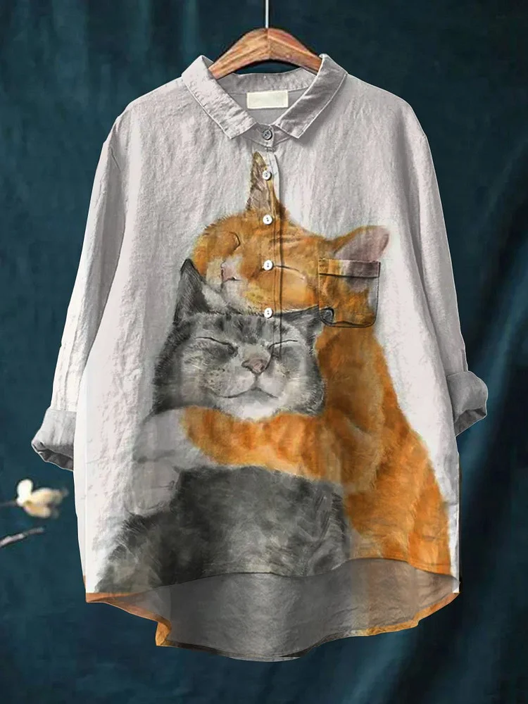 Women's Cat Art Print Casual Cotton And Linen Shirt