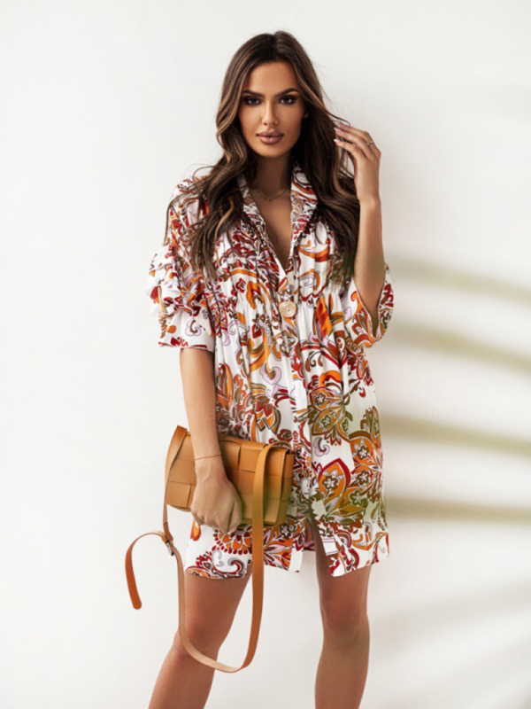 Mature Women Summer Pleated Stand-up Collar Ruffled Print Mini Dress