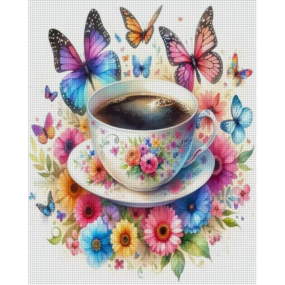 11CT Full Stamped Cross Stitch - Flower Butterfly Coffee(Canvas|40*50CM)