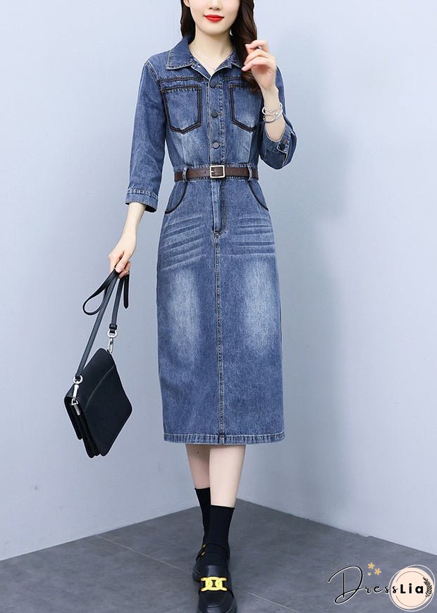 Slim Fit Blue Peter Pan Collar Patchwork Sashes Denim Maxi Dresses Bracelet Sleeve
