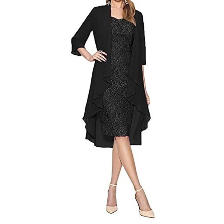 Brownm Color Large Size Lace Two-piece Set Elegant Party Dress Cardigan