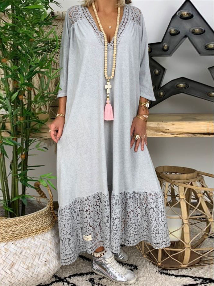 Women's 3/4 Sleeve V-neck Lace Solid Color Maxi Dress