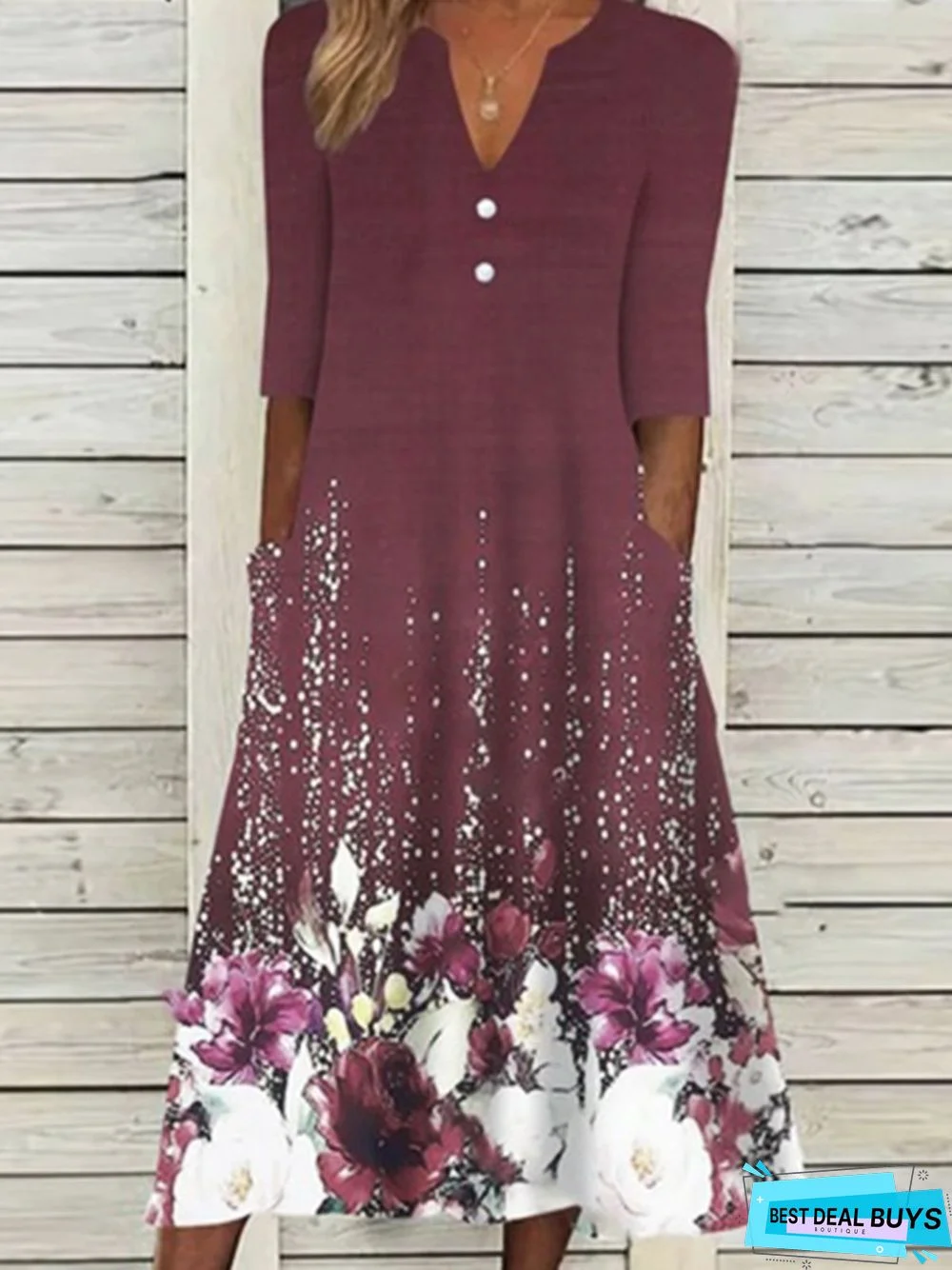 Casual Floral V Neck Pockets Three Quarter A-line Dress