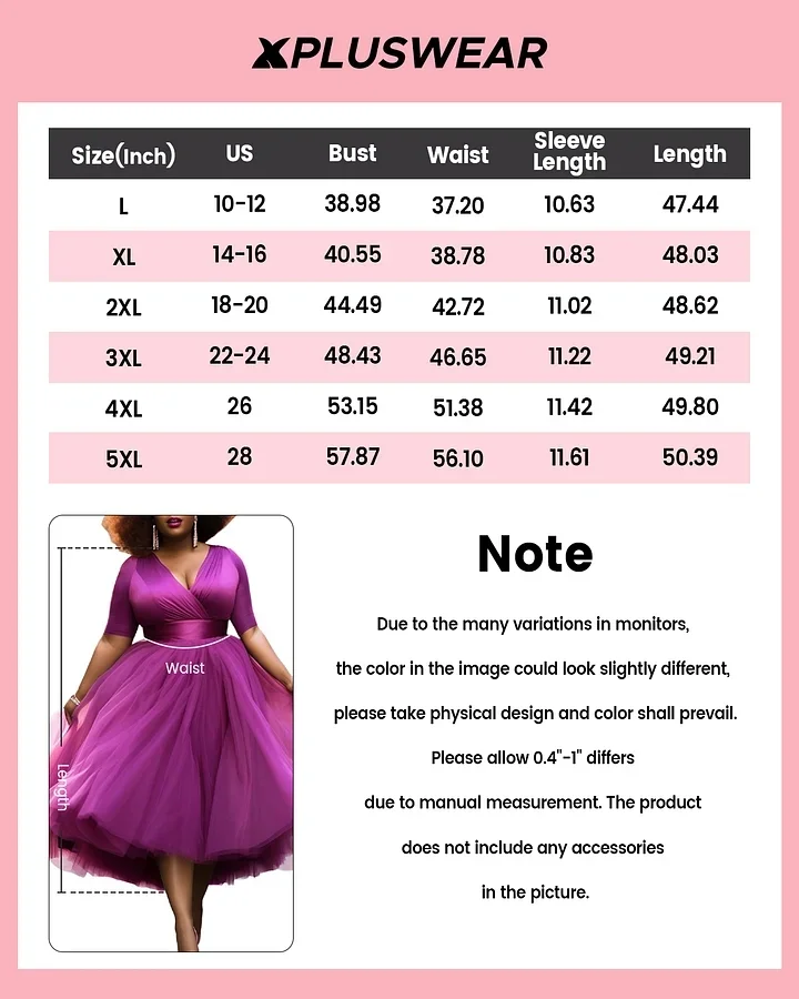 Xpluswear Design Plus Size Prom Elegant Purple Spring Summer Wrap Neck  Short Sleeve Contrast Tulle Midi