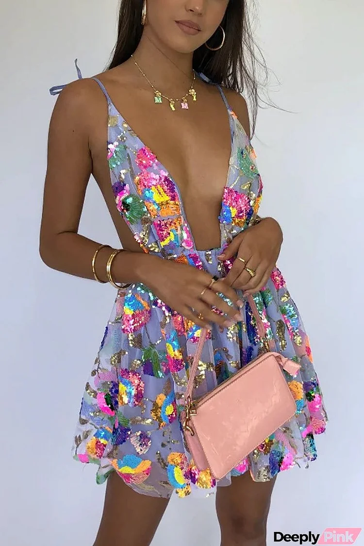 Rainbow Sequin Open Back Slip Mini Dress