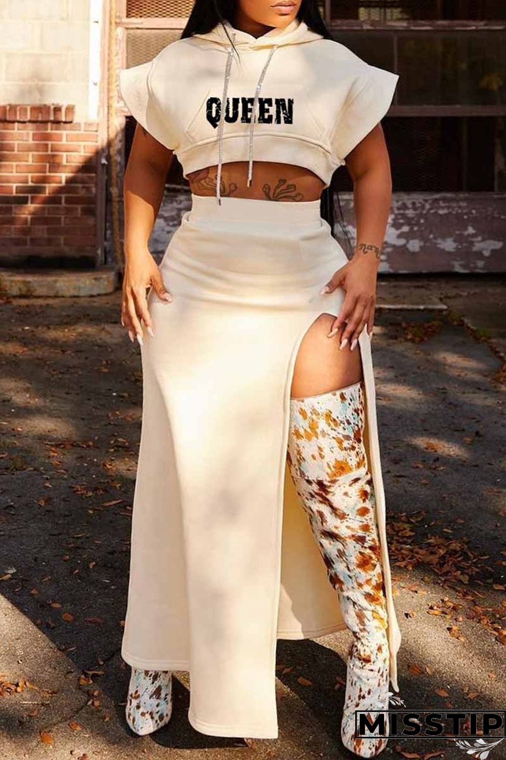 Black Fashion Casual Letter Print Slit Hooded Collar Two Pieces