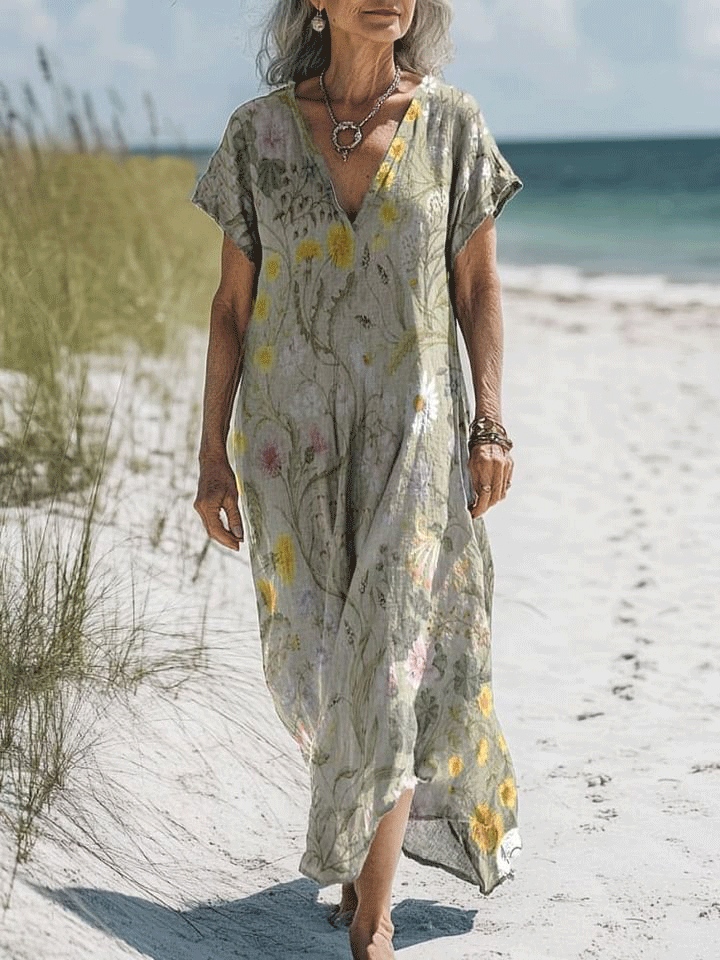 Women's Vintage Flower Art Print Pocket Cotton Dress
