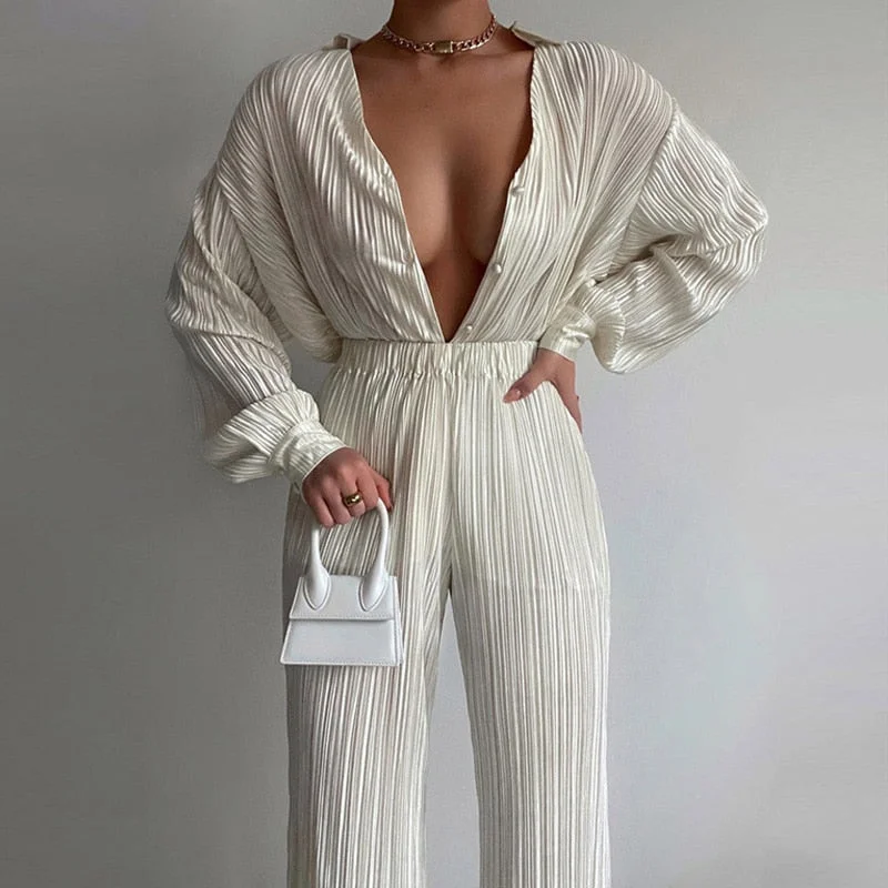 Abebey Green Women's Shirt Pleated Two Piece Set Loose High Waist Wide Leg Pants Suit  Casual Elegant Office Ladies Female Outfits