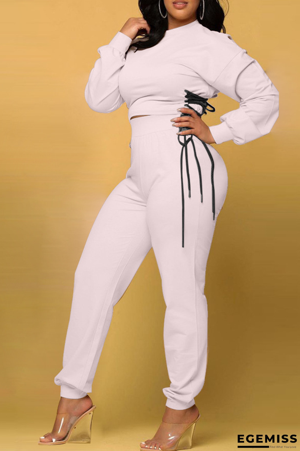 Light Pink Casual Solid Draw String O Neck Long Sleeve Two Pieces | EGEMISS