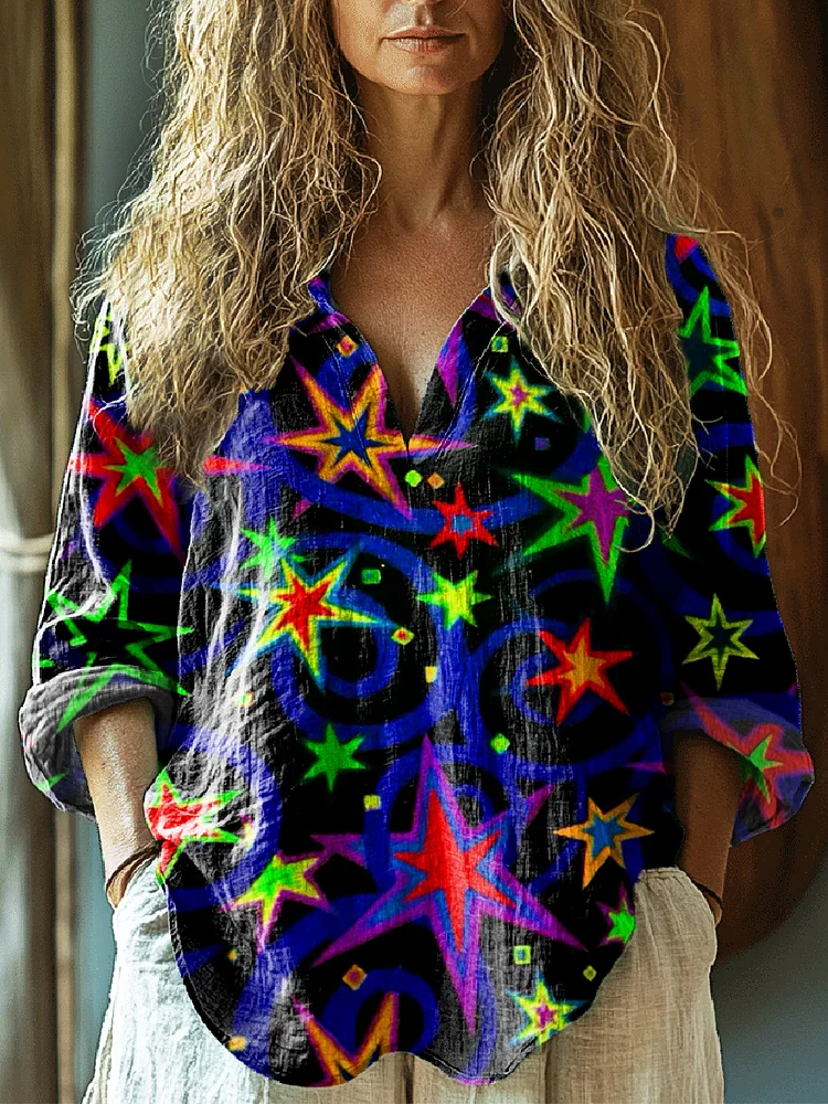 Women's Hippie Star Art Print Casual Linen V-neck Shirt