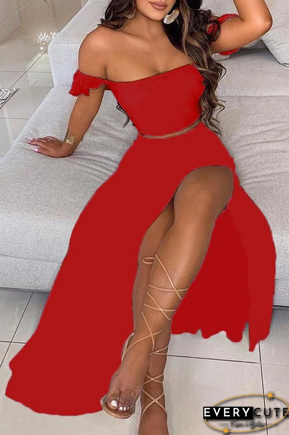 Off Shoulder Ombre Colorblock Top & High Slit Maxi Skirt Sets P13628