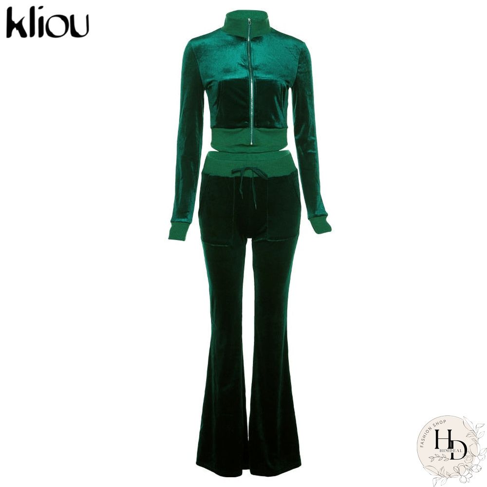 Kliou Solid Velour Two Piece Set Women Simple Casual Zipper Long Sleeve Turtleneck