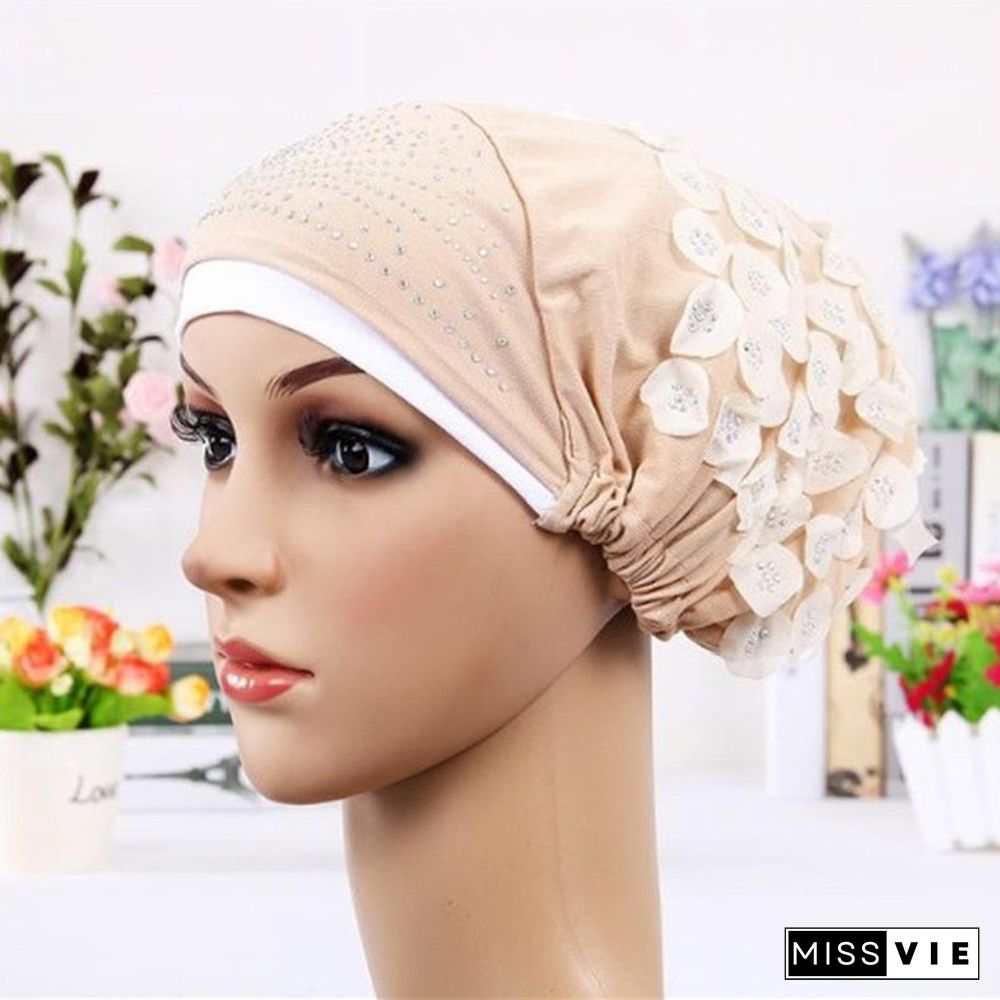 Women's Sequins Flowers Muslim Turban Hat Cap