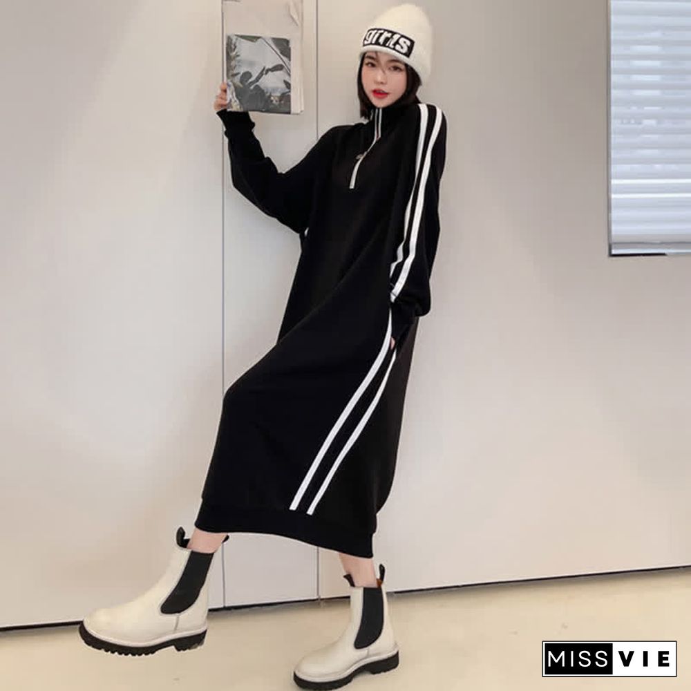 Plus Size Stripe Zipper Long Sleeve Loose Dress