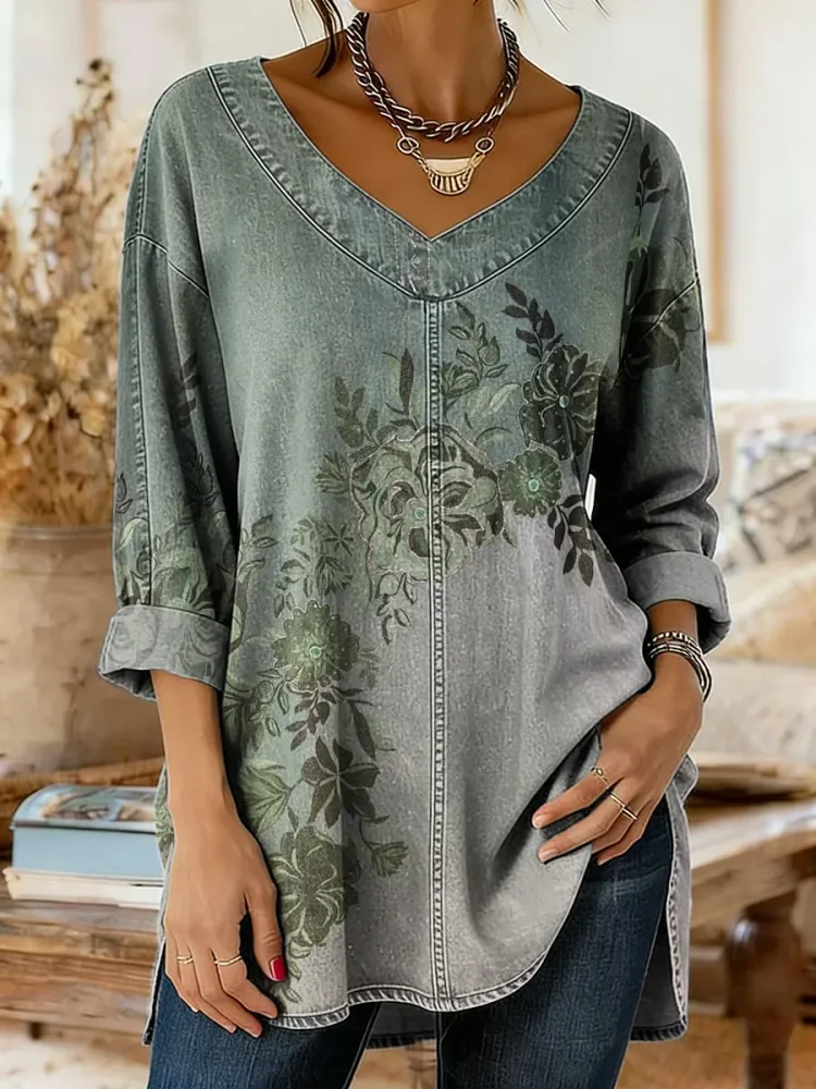 Ethnicity Flowers Green Art Women's Art Print Casual Washed Denim Cotton Top
