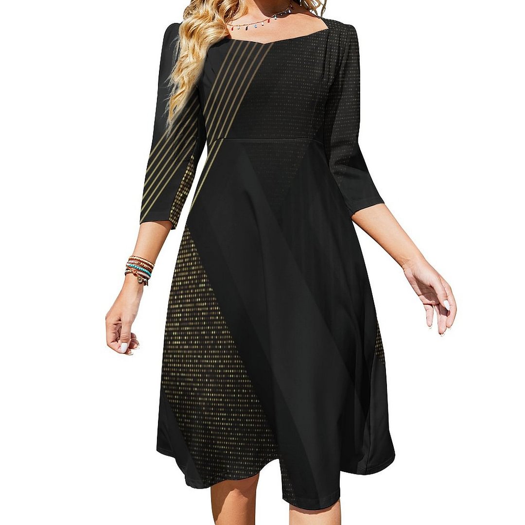 Black With Gold Abstract Design Pattern Dress Sweetheart Tie Back Flared 3/4 Sleeve Midi Dresses