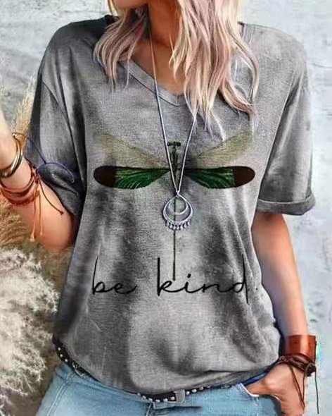 New round neck dragonfly print pullover short sleeve temperament slim fit
