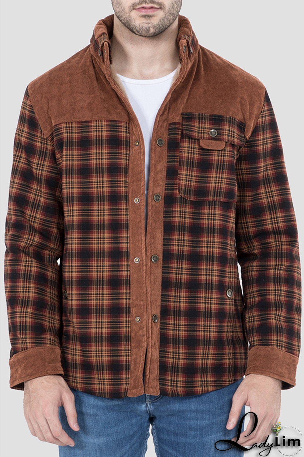 Deep Coffee Casual Plaid Split Joint Buckle Turndown Collar Outerwear