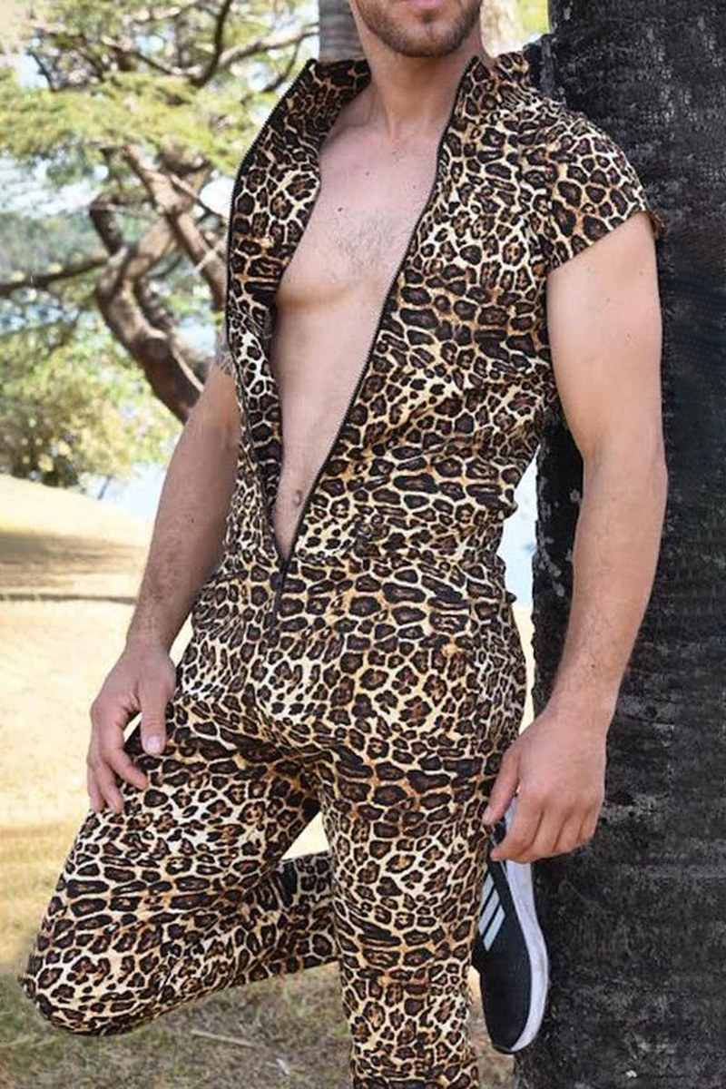 Leopard Print Stand-Up Collar Zipper Jumpsuit [Pre-Order]