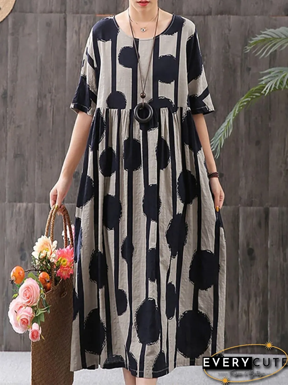Dot Print Round Neck Pullover Short Sleeve Large Loose Casual Medium Length Dress