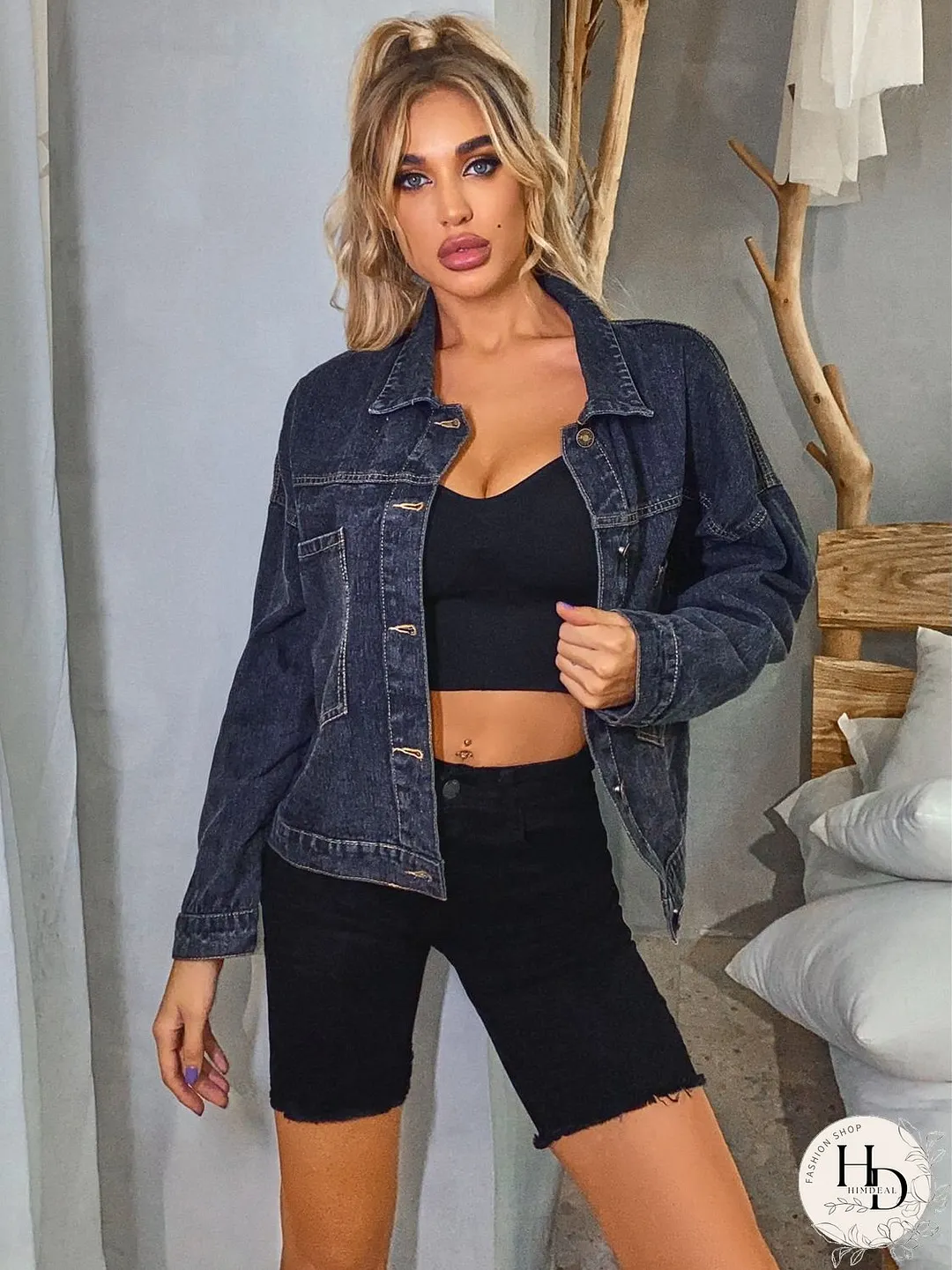 Collared Neck Dropped Shoulder Denim Jacket