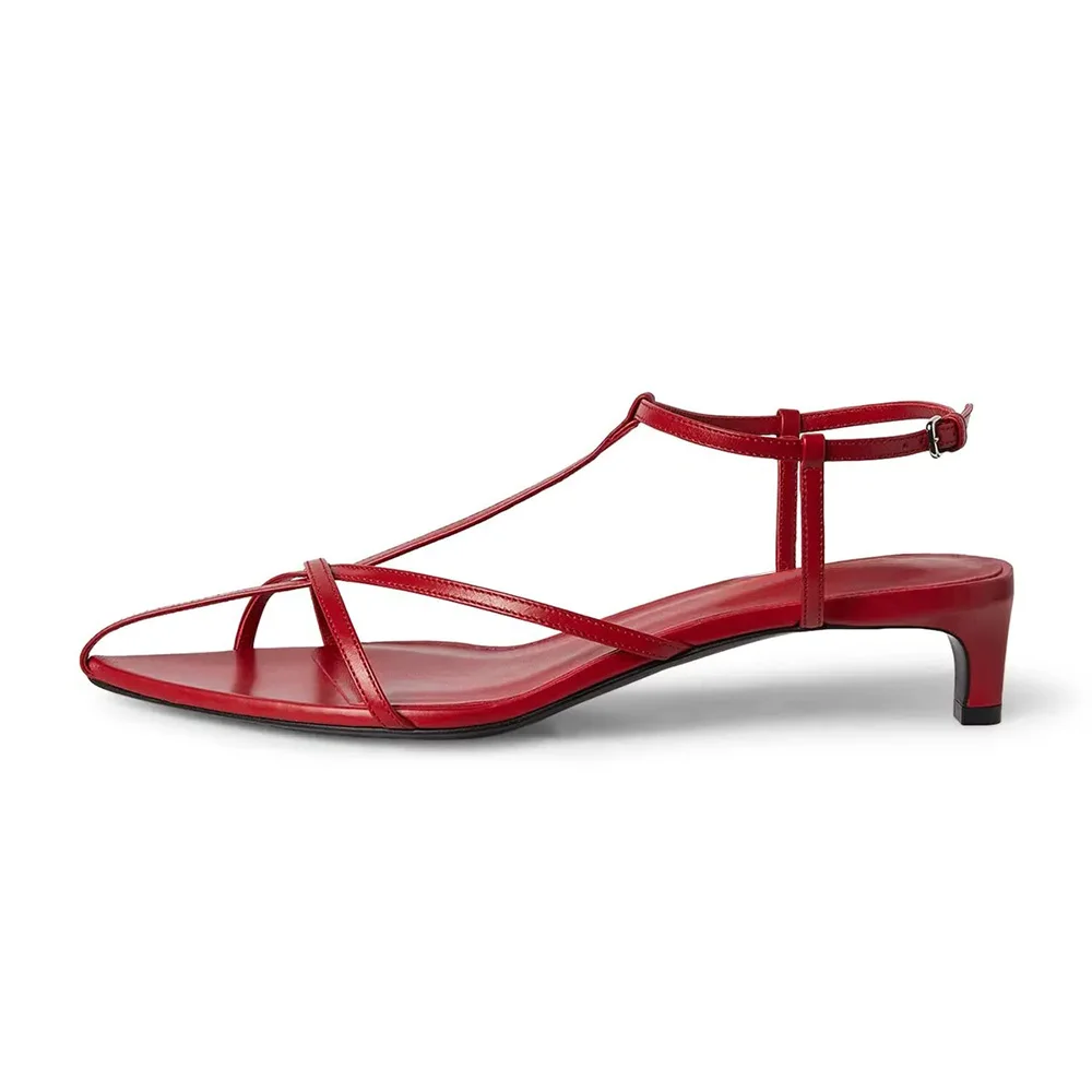 Red Vegan Leather T-Strap Open Toe Simple Women's Heel Sandals