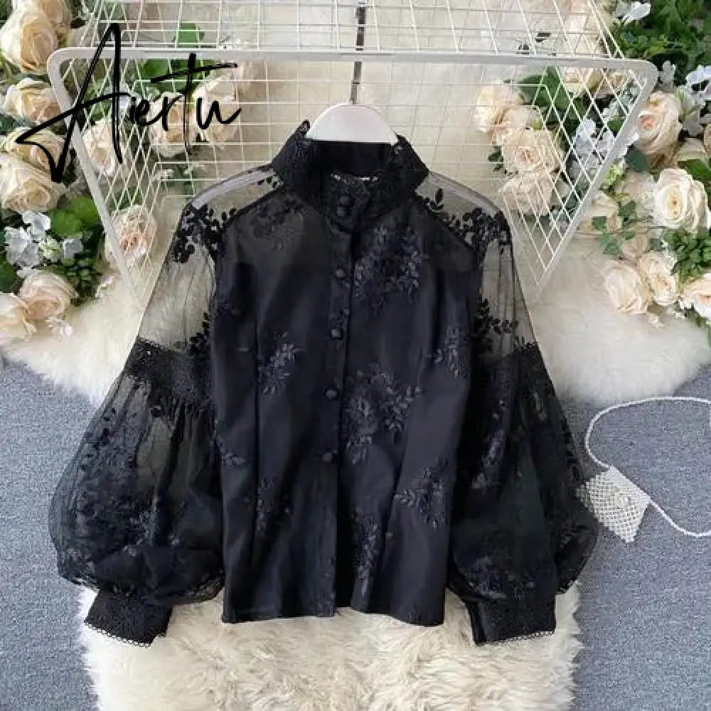 Aiertu  Women French Mesh Lace Blouse Stand Collar Three-dimensional Embroidered Puff Sleeves Court Style Slim Shirt Female Blusa Aiertu