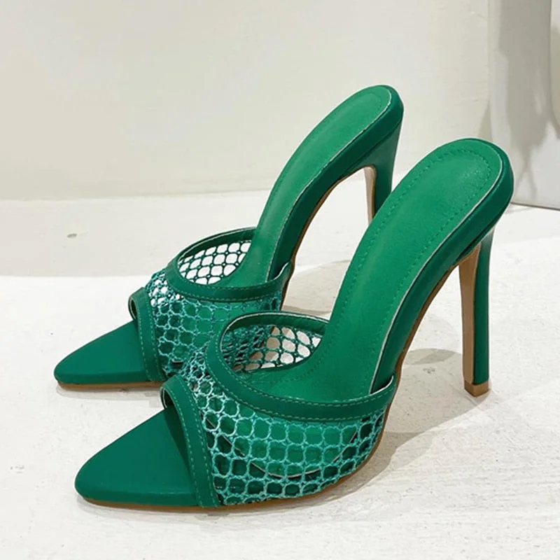 New Sexy Pointed Toe Thin High Heels Pumps Green Mesh Slippers Summer Fashion Slip On Slides Women Mules Party Shoes Sandals