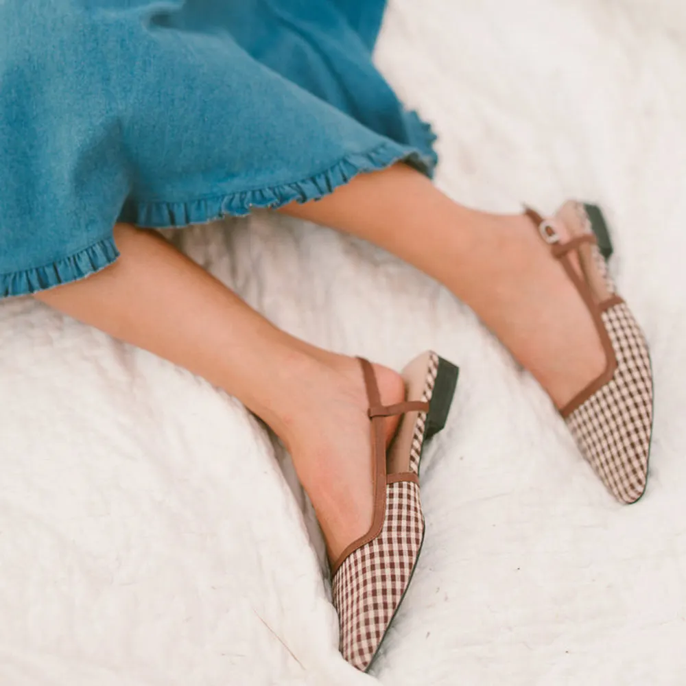 Brown & White Plaid Square Toe Slingback Flat Shoes for Women