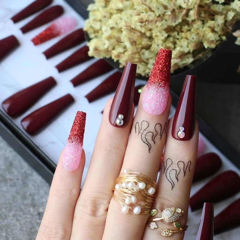 Coffin gel Luxury pink false nails crystal pink glitter ombre french Press on nails box gift Custom packaging-Nail Inspo