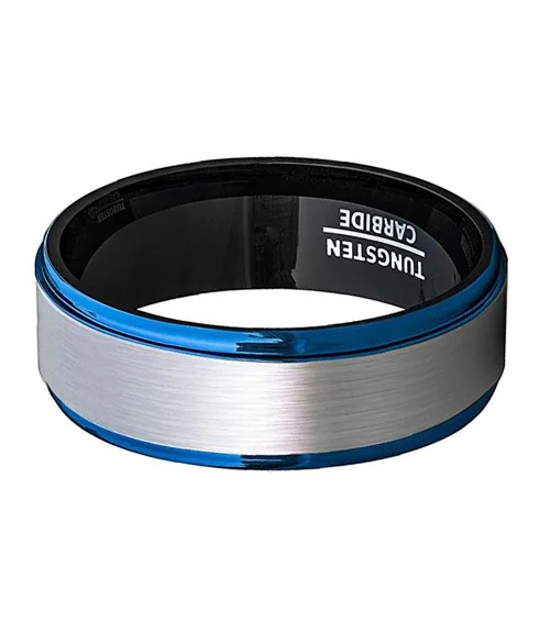 6MM 8MM Women's Or Men’s Black and Silver Tungsten Carbide Wedding Rings With Blue Rim Stepped Edges