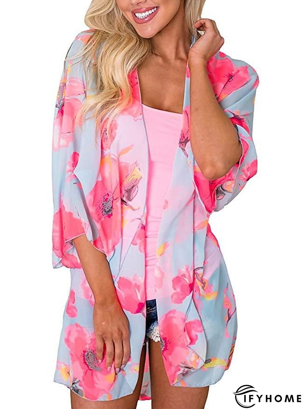 Women's Casual Jacket Causal Oversized Leaf Breathable Boho Regular Fit Outerwear 3/4 Length Sleeve Summer Pink S | IFYHOME