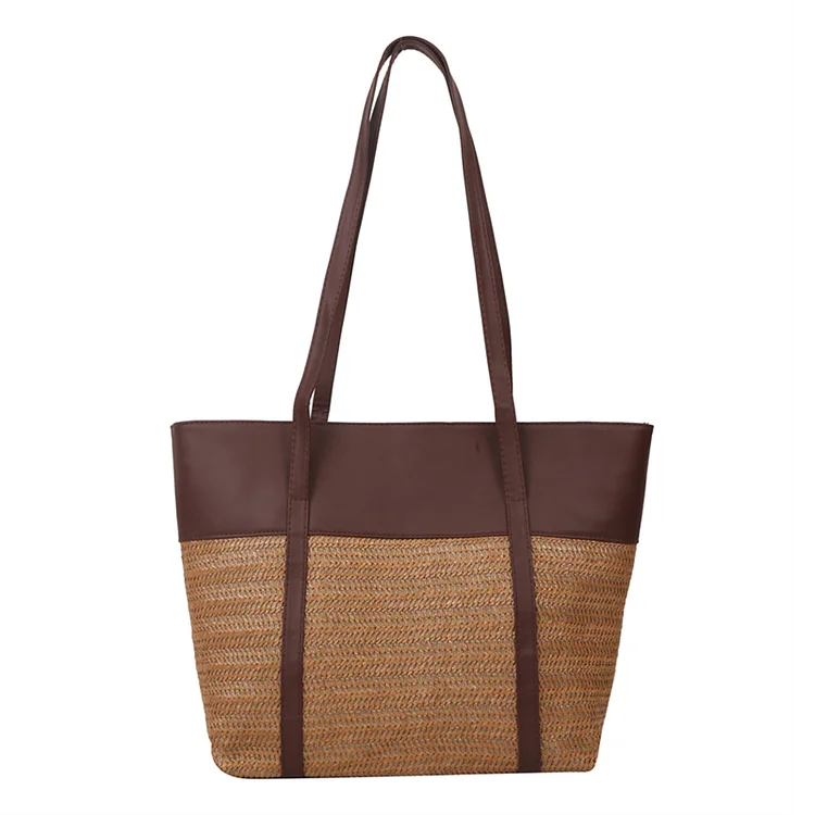 Women Shoulder Bag Fashion Woven Shopper Bag PU Stitching Beach Bag (Coffee)