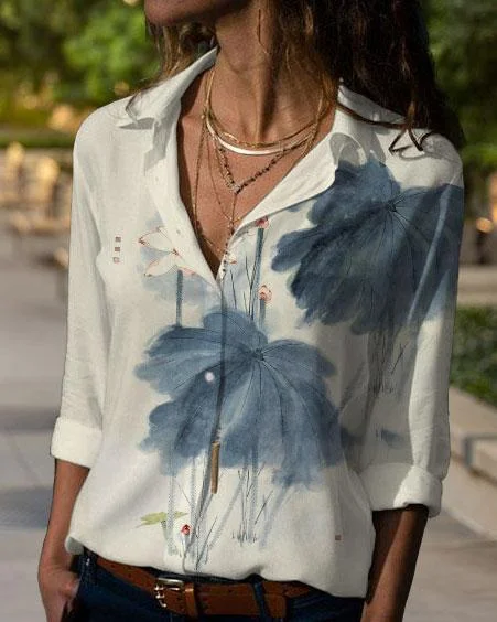 Japanese Art Ink Lotus Long Sleeve Blouse