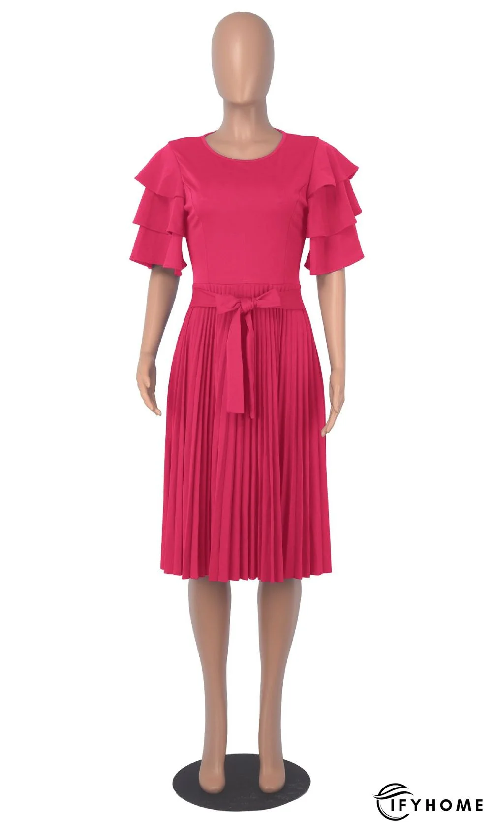 Round Neck Ruffle Short Sleeve Pressed Pleated Dress | IFYHOME