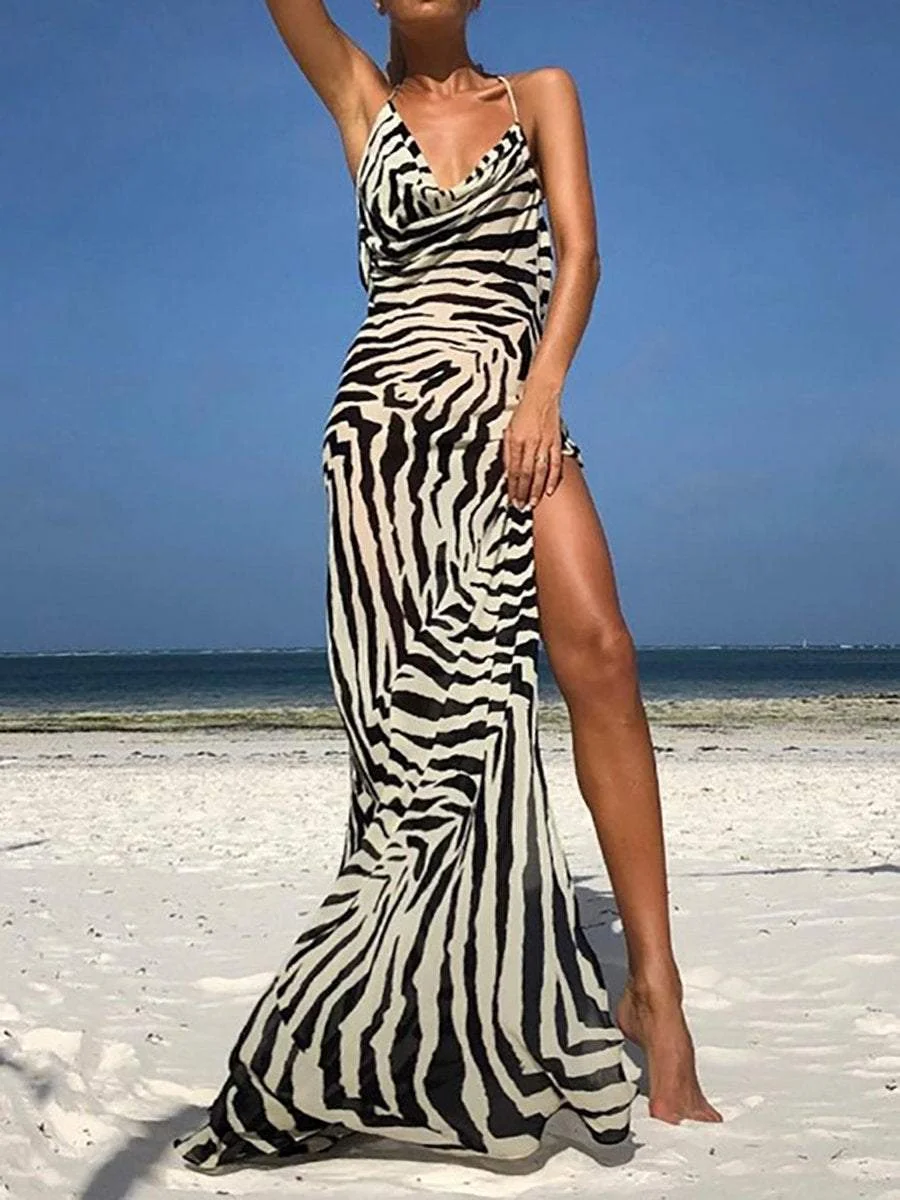 Zebra Print Slit Open Back Slip Dress