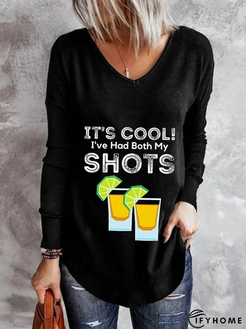 Casual Long Sleeve V Neck Plus Size Printed Tops T-shirts | IFYHOME