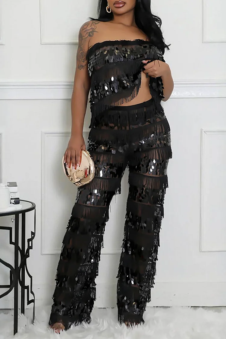 Sequins Tiered Tassel Strapless Top Straight Leg Pants Party 2pcs Set-Silver