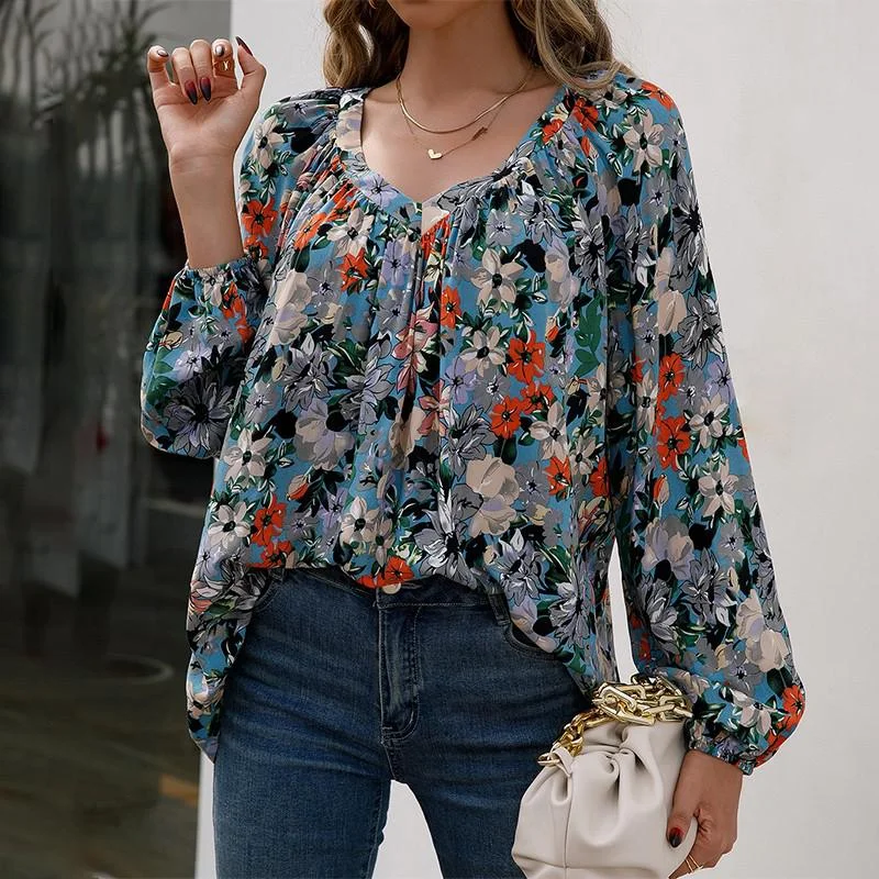Floral Print Blouses Or Tops For Woman 2022 Fashion V Neck Long Sleeve Plus Size Elegant Ladies Shirts Streetwear Casual Blouse