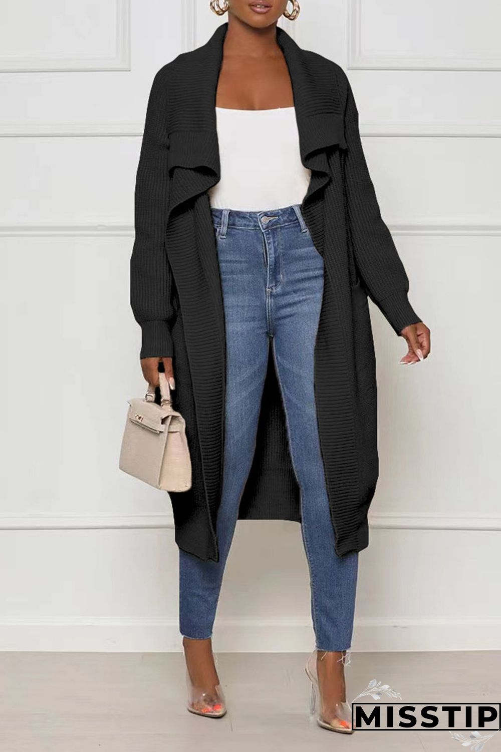 Black Casual Solid Patchwork Cardigan Collar Outerwear