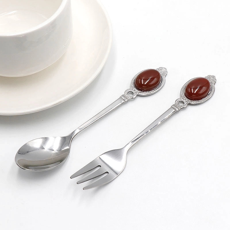 Retro Solid Color Stainless Steel Natural Stone Spoon