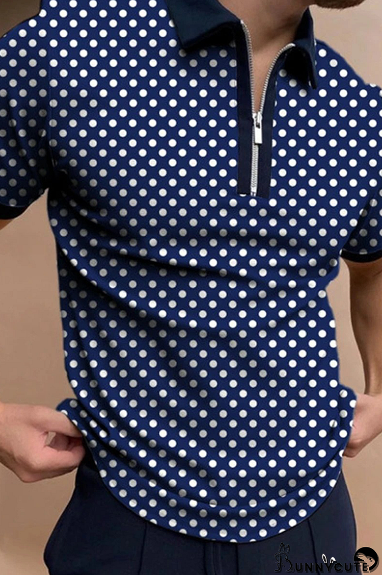 Navy Blue Fashion Casual Polka Dot Split Joint Zipper POLO collar Tops