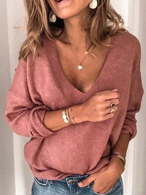 Solid Color Loose V-neck Knit Sweater - Shop Trendy Women's Clothing | LoverChic